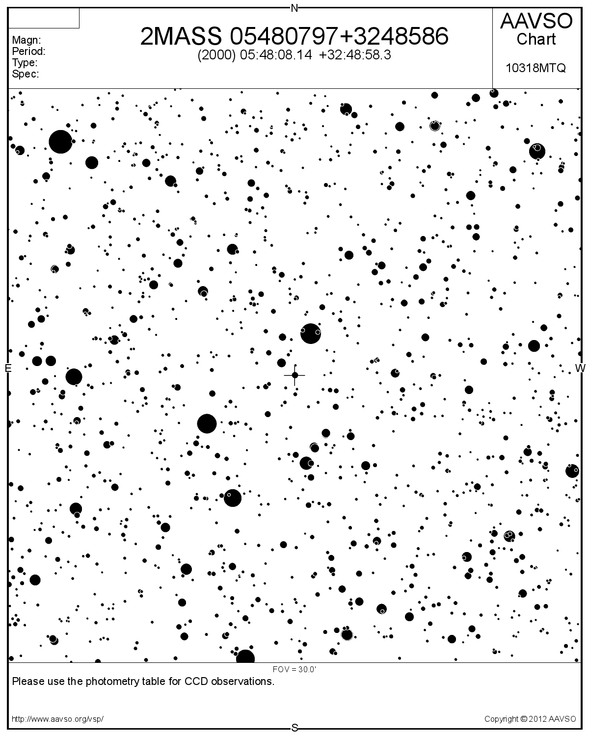 Ny variabel nära M37. 0.5x0.5 grader. Från AAVSO.
