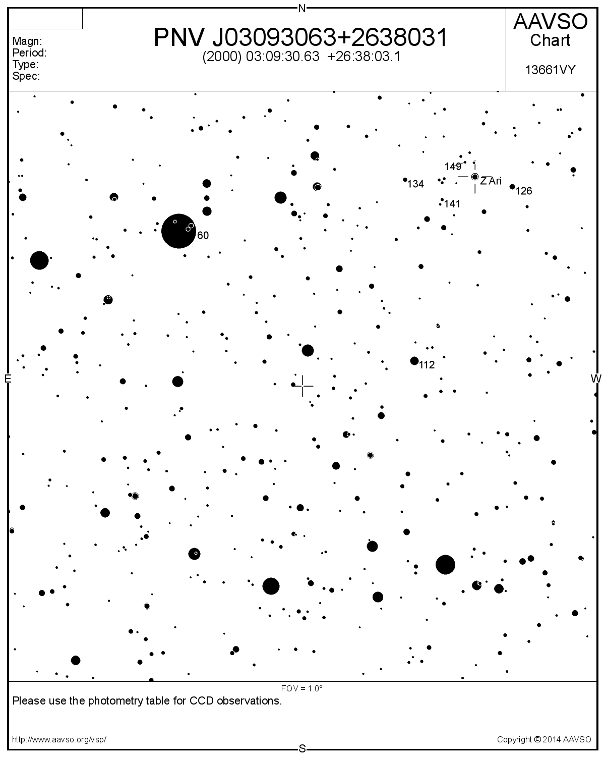 Eruptivt objekt i Aries. 60x60 amin. AAVSO.