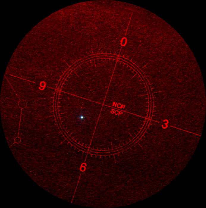 Bild 2. Vy genom polsökaren, initial polinställning, teleskopet pekar på objektet
